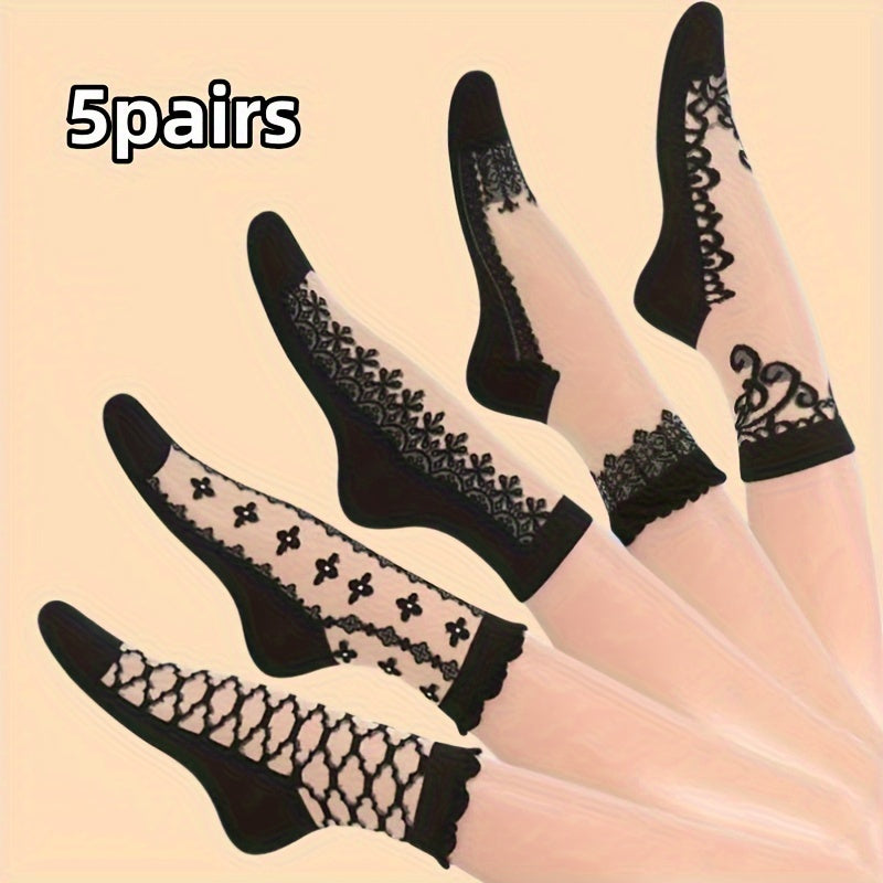 5/6 pairs of vintage embroidery socks for women, made of comfortable and breathable mesh fabric.