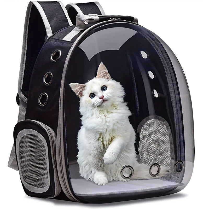 Transparent, breathable space capsule pet carrier backpack for hiking and travel.