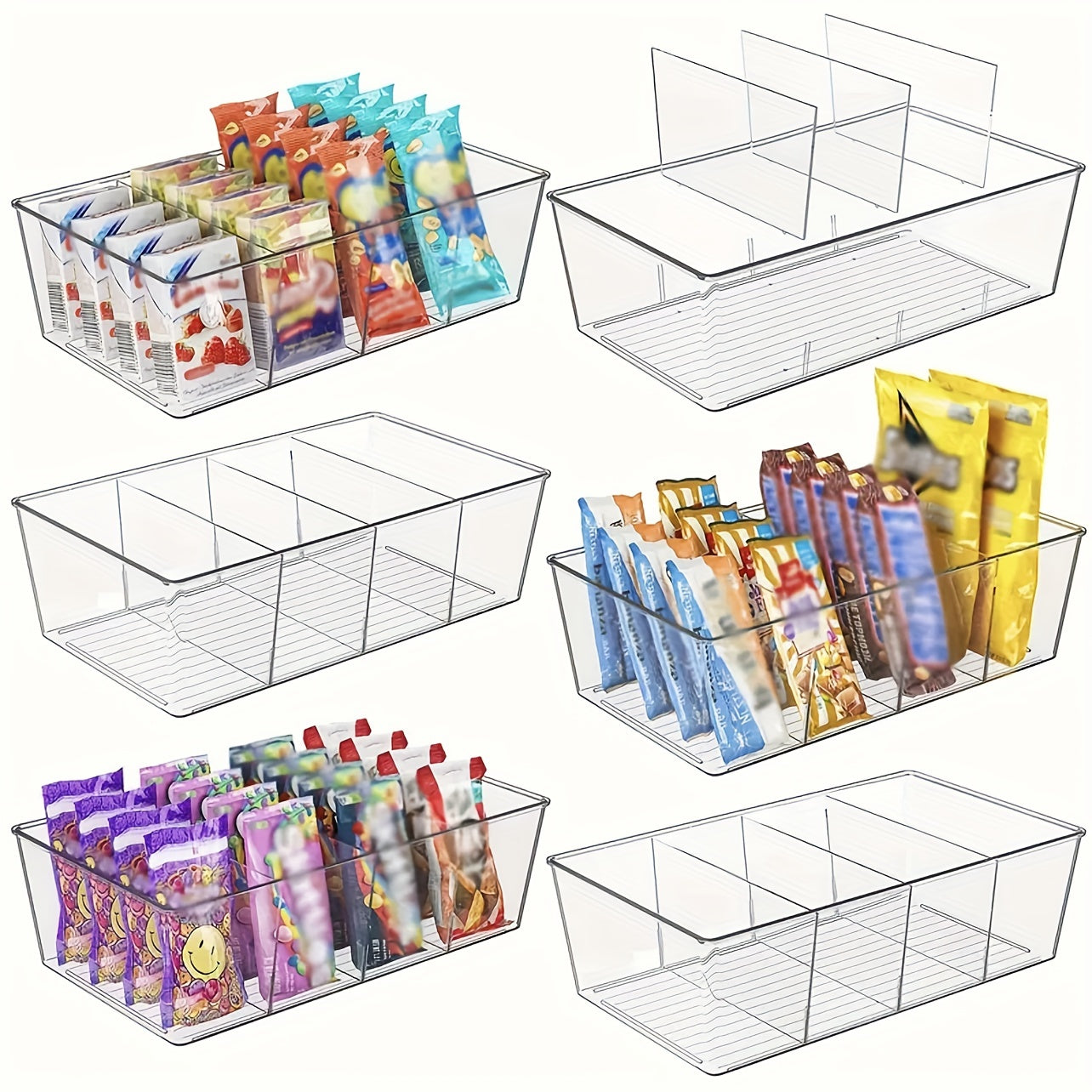 Transparent refrigerator organizer bins available in sets of 2, 4, or 6, featuring removable dividers. Ideal for storing various items such as fruits, vegetables, meat, eggs, ginger, garlic, and more. Perfect for keeping your kitchen organized at home or