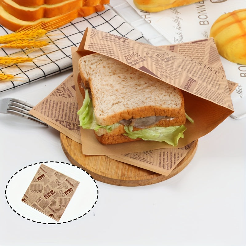 Pack of 100 oil-proof paper printed with food-safe text, ideal for lining food packaging for cooked meals such as hamburgers, sandwiches, cheese, perfect for picnics, parties, baking, cooking, and frying. The waterproof paper provides protection and