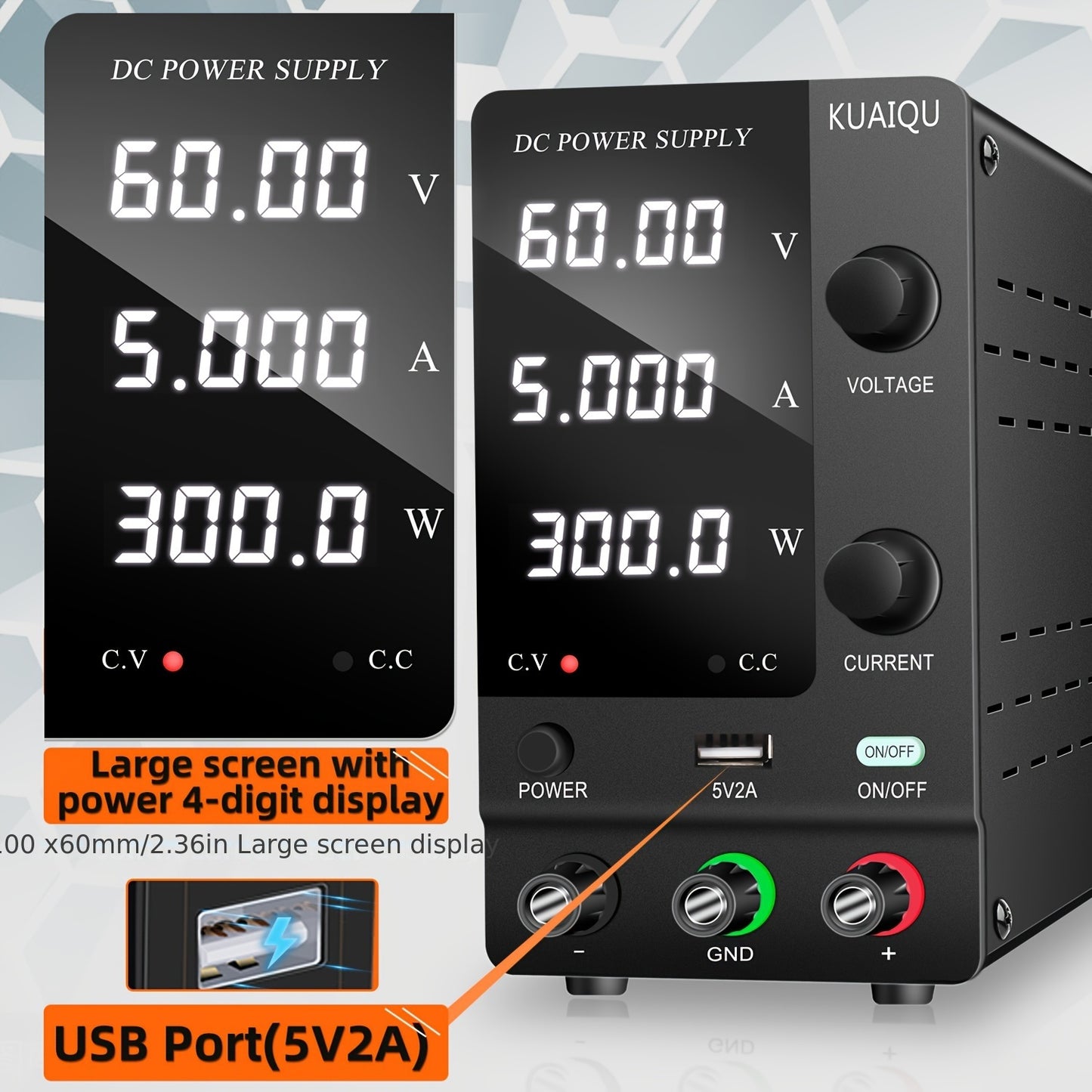 SPPS-C605 Регулируемый источник питания 220V DC, 300W 5A с LED-дисплеем, USB-портом, выключателем для ремонта электроники, зарядки аккумуляторов, лабораторного использования, тестирования устройств | Металлическая отделка