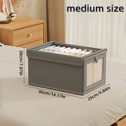 Rectangle fabric storage box with clear window, flip top closure and foldable lid for home organization.