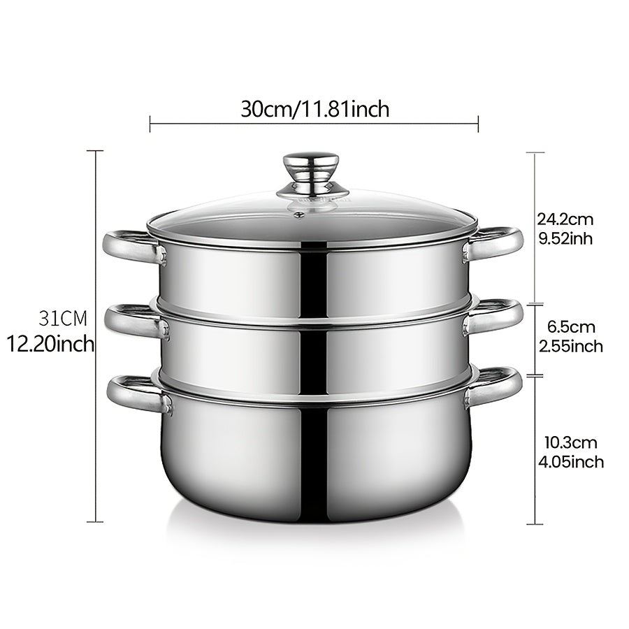 Stainless Steel Steamer Set with 4 Pieces: Quick Cooking Pot, Large Capacity Stackable Steamer with 1 Thick Soup Pot, 2 Tier Steaming Baskets, and 1 Lid. One Pot for Steaming and Cooking, Anti-Scald Handles, Easy to Clean, Suitable for All Stove Types.