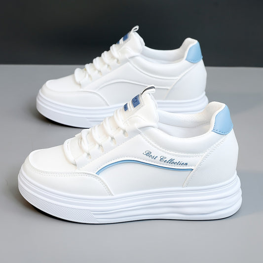 White lace-up sneakers with thick soles, perfect for casual wear.