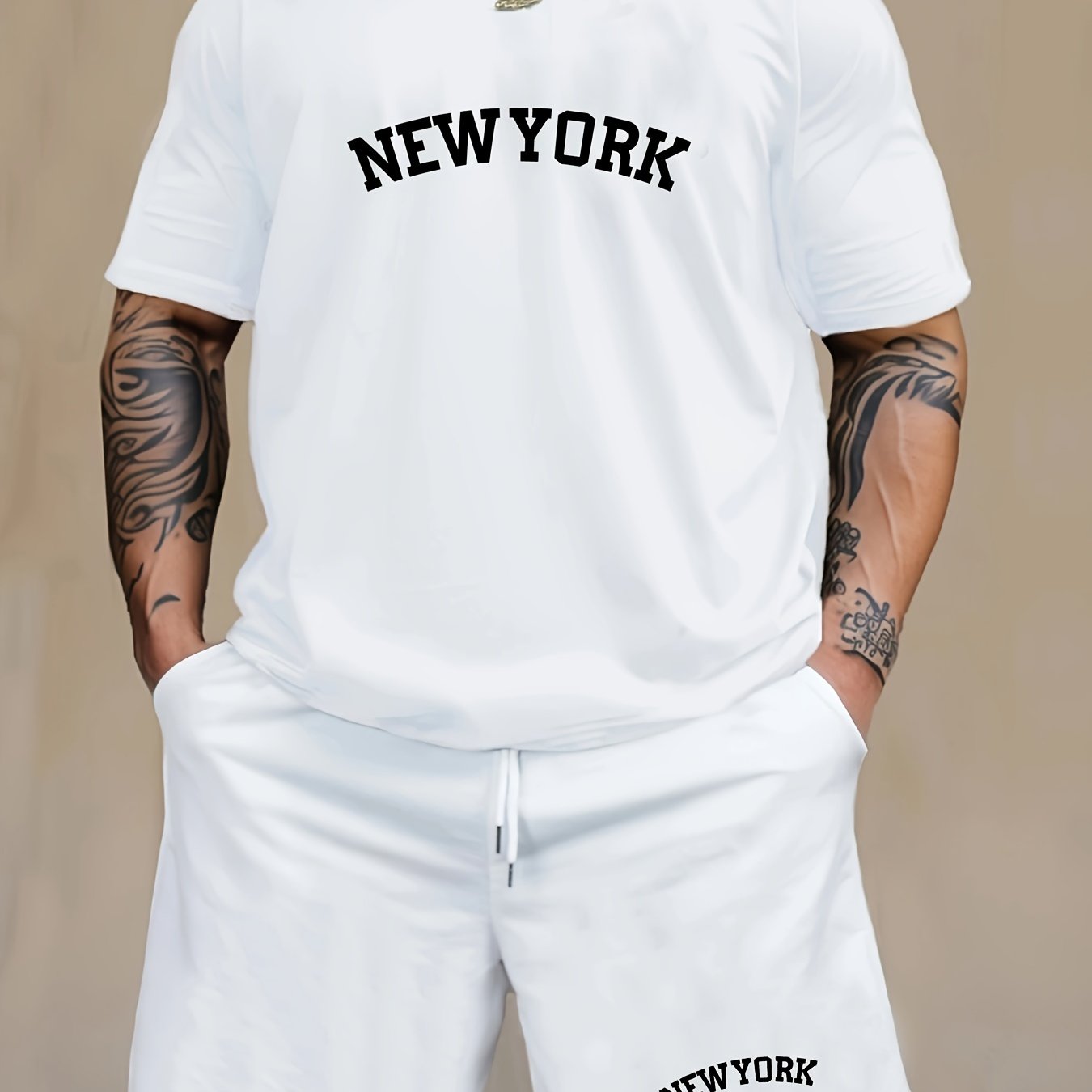 Men'S Casual 2-piece Pajama Set with NEW YORK Print, Short Sleeve T-Shirt, and Knee-Length Shorts made of Polyester & Spandex Blend, Medium Stretch, All-Season Comfort, Knit Fabric, with