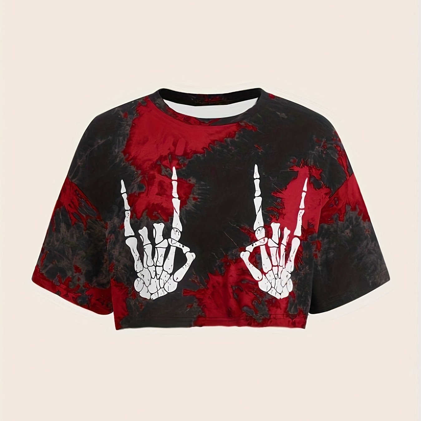 Skull print tie dye crop top for women at a music festival loungewear.