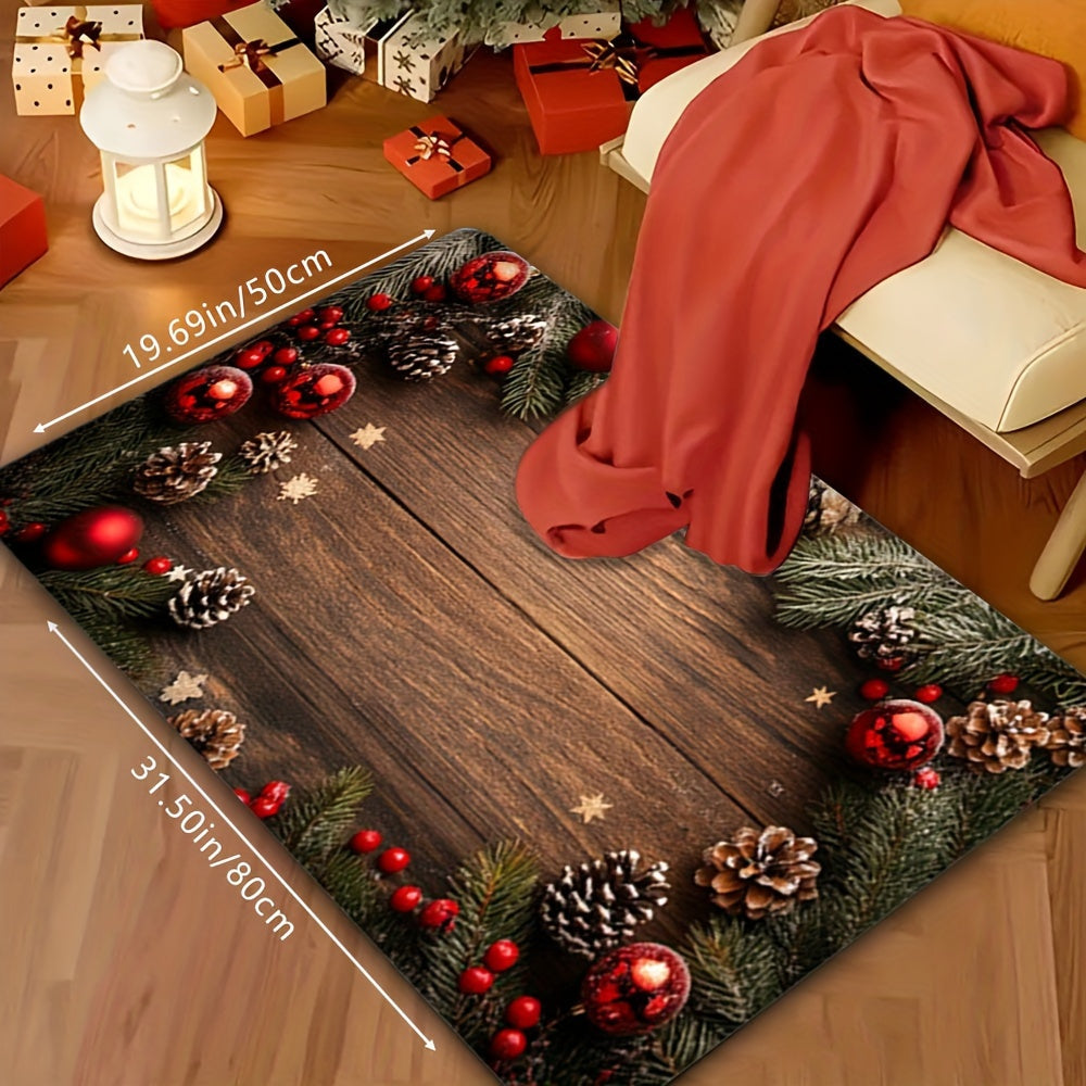 This decorative non-slip mat, perfect for the winter holidays, features charming patterns of New Year and Christmas elements such as faux wood grain, pine trees, pine cones, and snowflakes. It is ideal for adding a festive touch to bedrooms, living