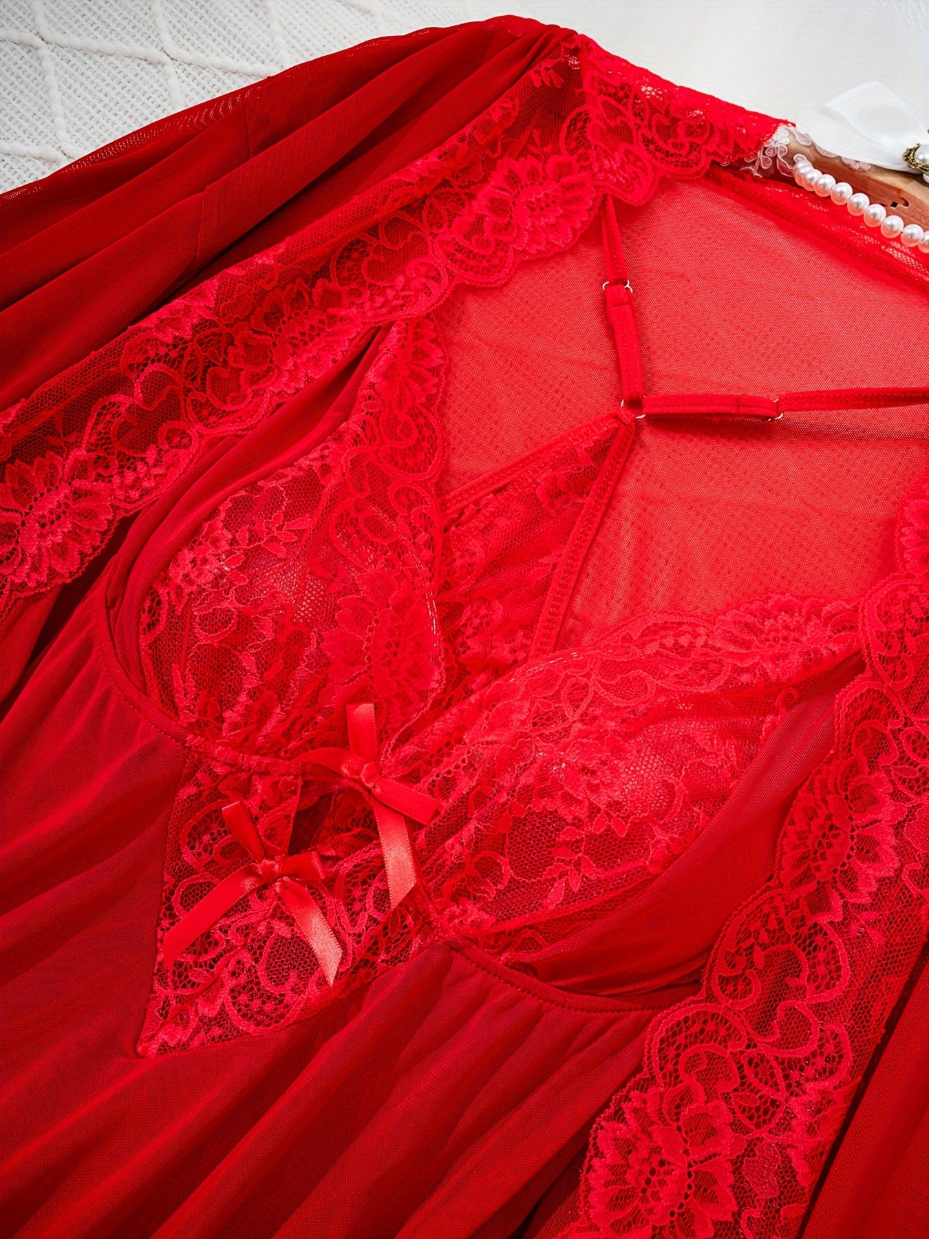 Elegant red lace-trimmed robe and slip dress set for women, semi-sheer with no padding.