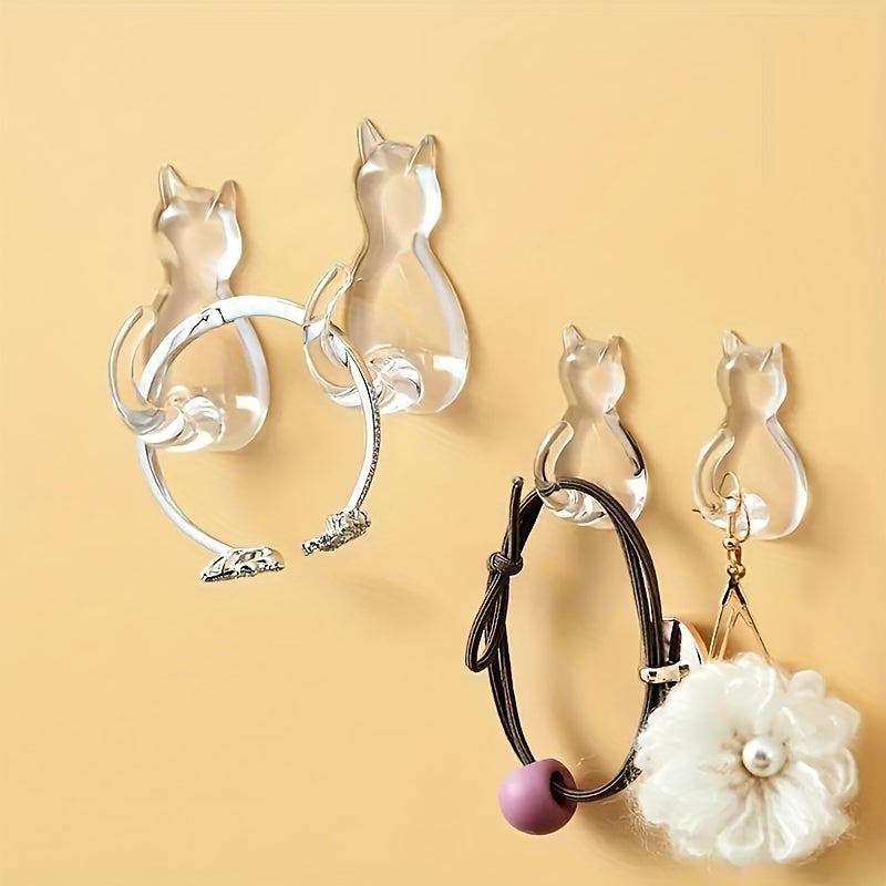 2 Cute Cartoon Cat Adhesive Hooks for Coats, Towels, Shower Curtains - Strong, Transparent, No-Damage - Ideal Bathroom Decor