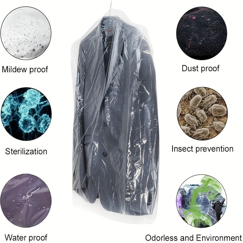 50 clear plastic garment bags for hanging storage, ideal for keeping your clothing dust-free and organized in the bedroom or home. Perfect for essential storage needs.