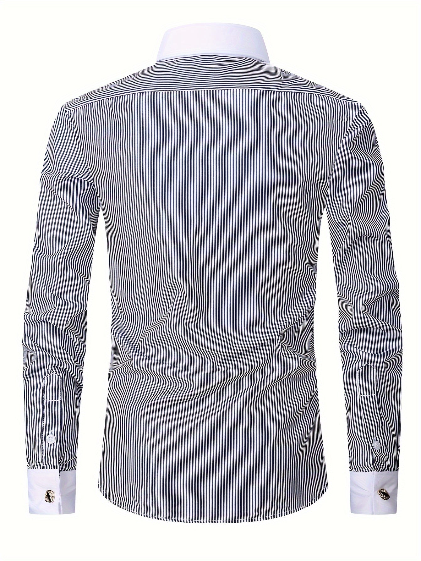 ESEA Men's Elegant French-Style Striped Dress Shirt: Long Sleeve, Double Layered, Cotton Blend with Chest Pocket, Perfect for Weddings & Events, Includes Random Cufflinks