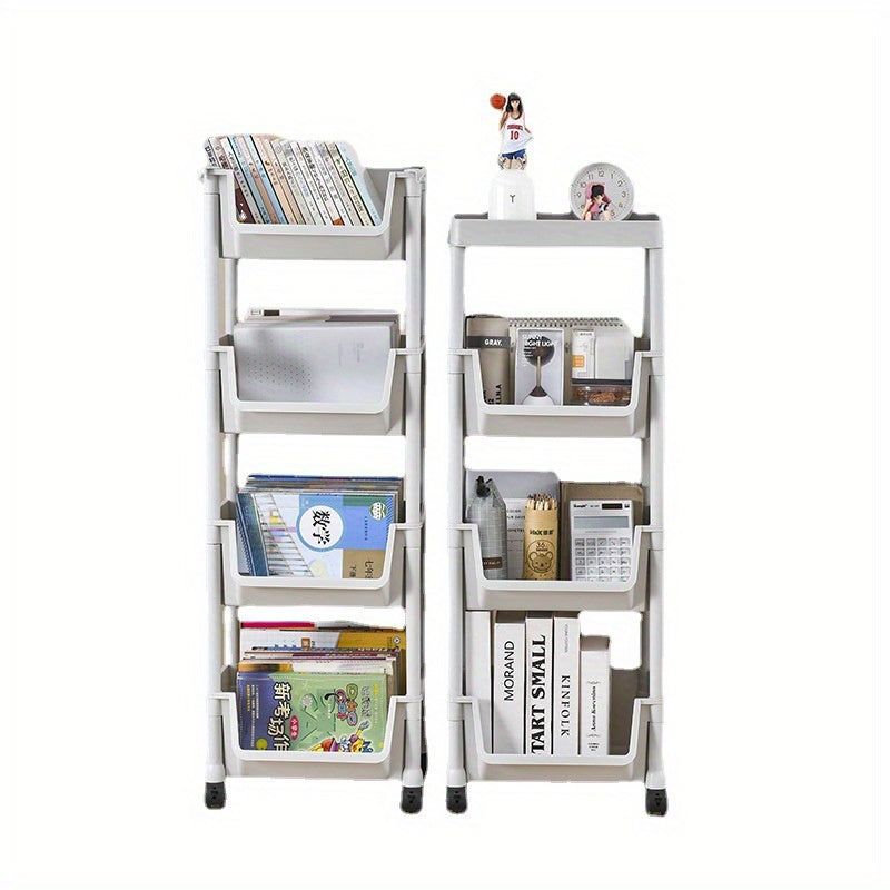 Multi-layer trolley shelf for floor-to-ceiling storage of snacks, fruits, vegetables, and books. Made of durable plastic, no batteries needed.