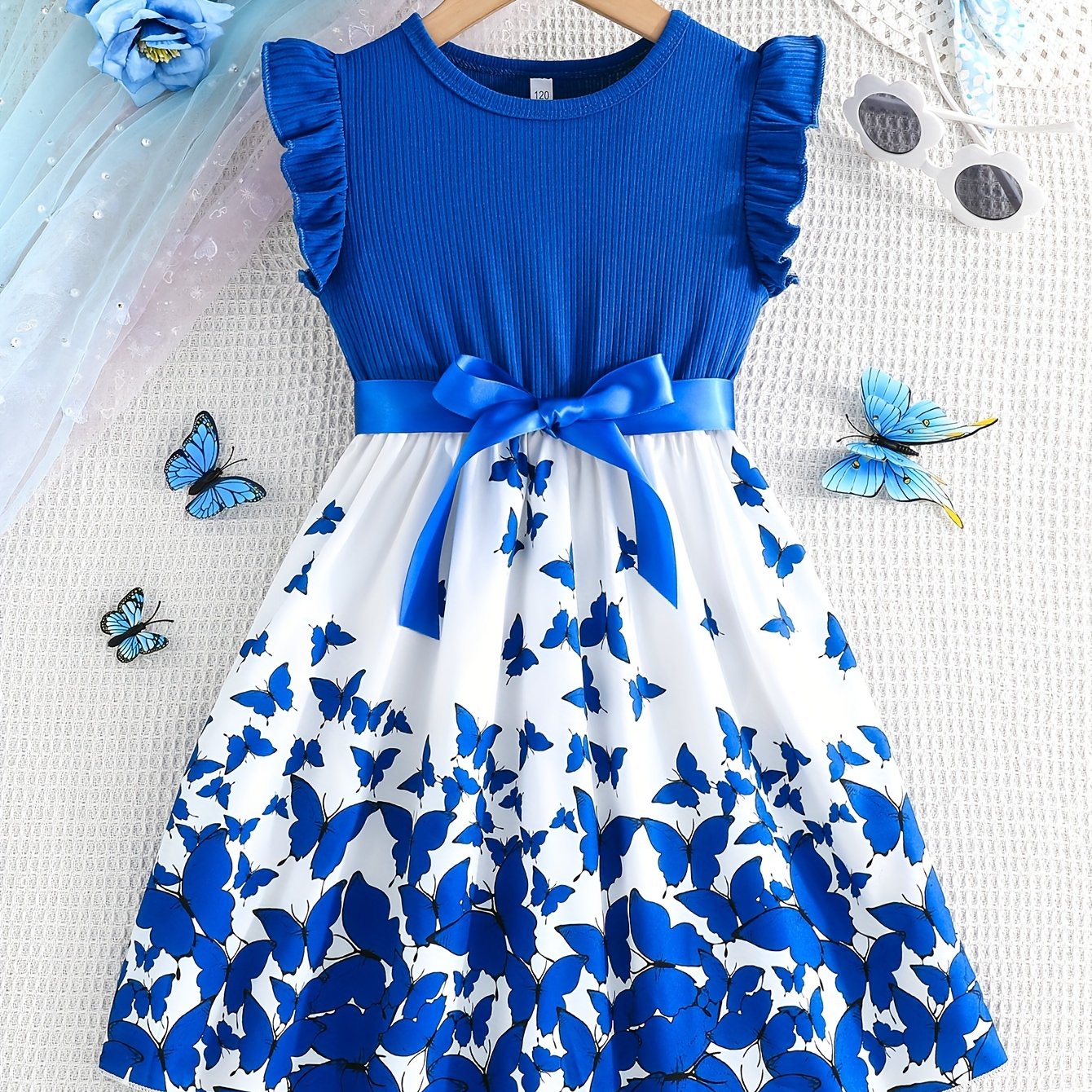 Two-piece set with butterfly print patchwork dress and belt for summer girls, featuring ribbed seamless wood ear cuff sleeves.