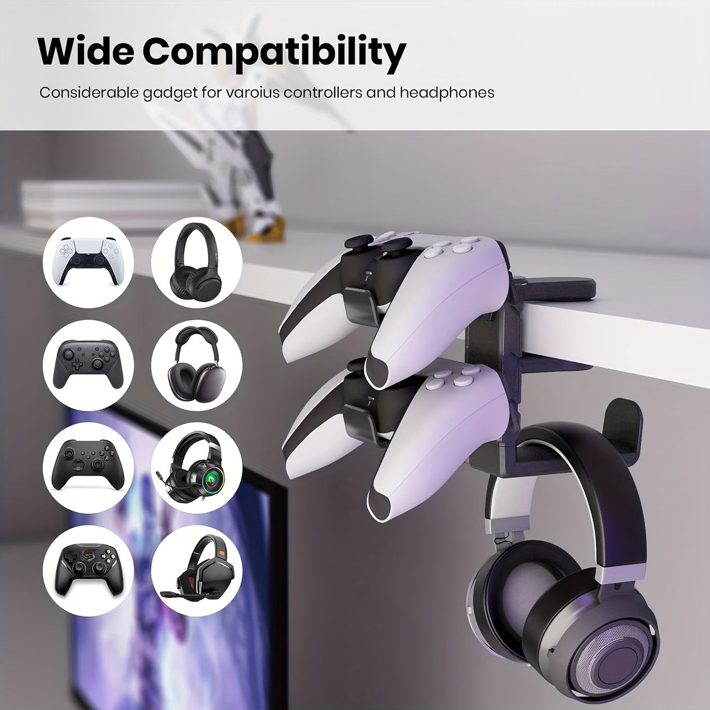 Black 3-in-1 Adjustable Gaming Headset and Controller Holder with Rotating Arm Clamp for PS5/Switch/Xbox. Features an Under Desk Stand and Cable Organizer Hook.