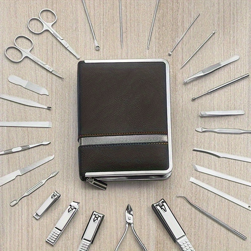 Nail clipper kit with 26 pieces for men and women, includes ear spoon and nail files.