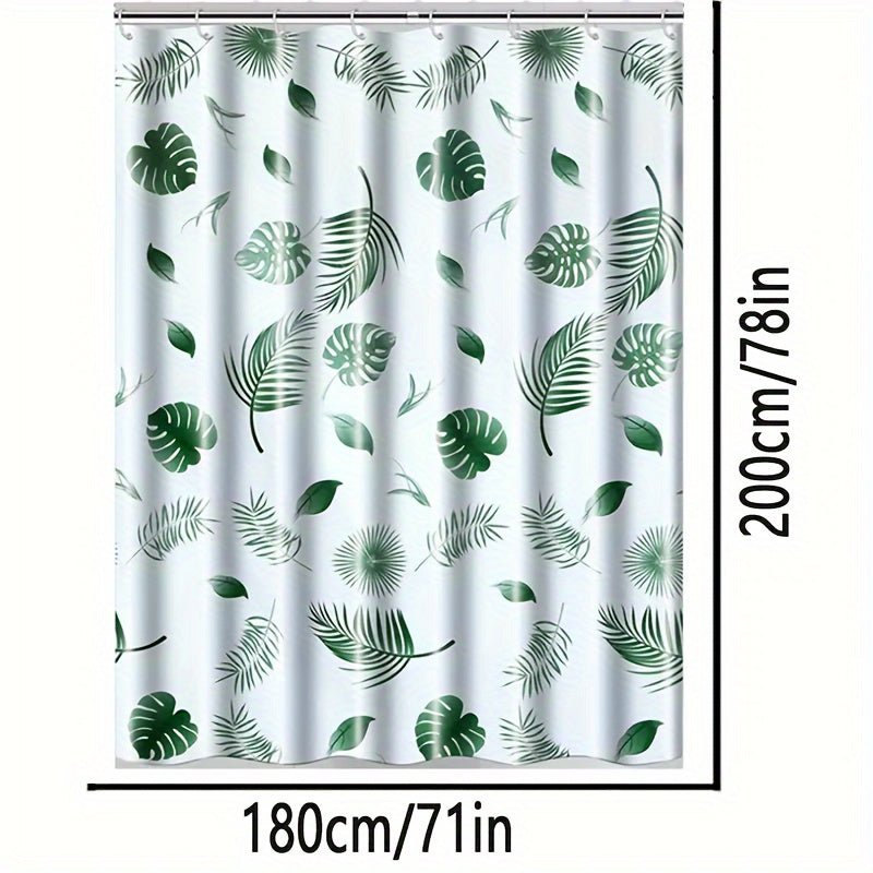 Tropical leaf bath liner made of water-resistant polyethylene, featuring a leaf pattern. Includes easy-hang white plastic hooks for all-season bathroom decor.