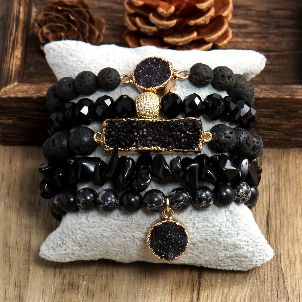 Set of 5 Bohemian Classic Beaded Bracelets featuring Natural Stone Druzy Gravel Glass, February Birthstone, Elastic Stackable design for Daily & Vacation Wear, accented with Synthetic Zirconia for a touch of elegance, perfect for all seasons.