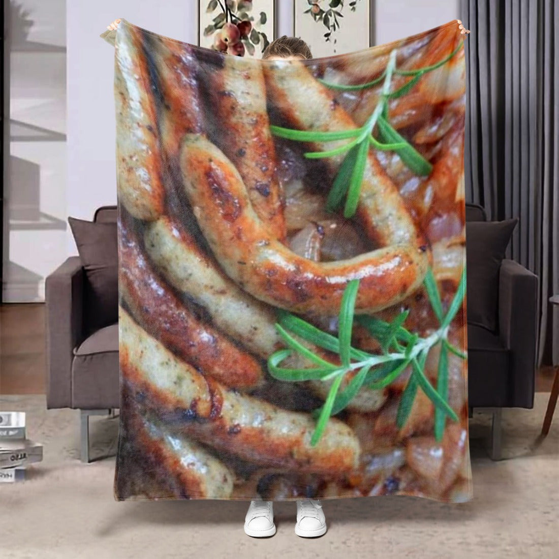 Ultra-soft flannel fleece throw blanket featuring a realistic 3D print of sausage and rosemary design. This cozy and plush blanket is perfect for adding a touch of comfort and style to your living room decor. Ideal for gifting on birthdays and Christmas