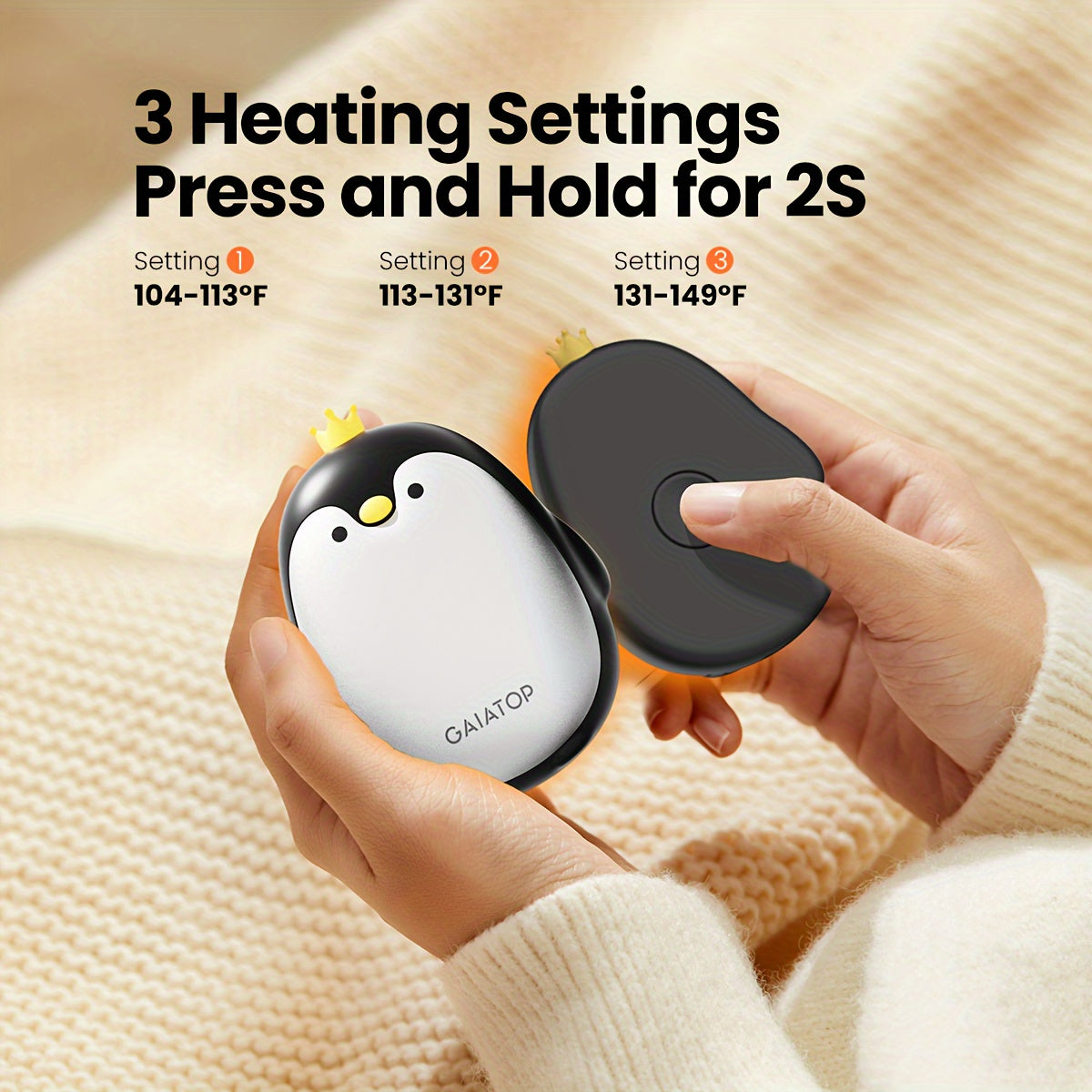 Get two of the Gaiatop Penguin Hand Warmers in this convenient 2-pack! These rechargeable electric heaters come with 3 heat settings and can provide 2-5 hours of usage. They are portable pocket warmers that come with a USB cable for easy charging.