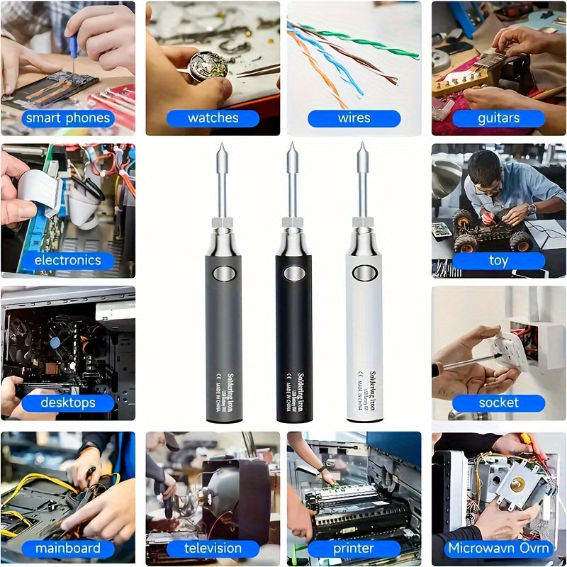 USB rechargeable soldering iron set with high heating rate and easy operation, suitable for DIY repairs at home or outdoors with nichrome heating element.