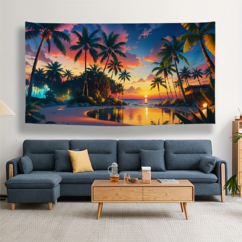 Enhance your Nursery Decor with this Breathtaking Sunset Beach Tapestry featuring Palm Trees & Pool - High-Quality 8K Artwork made from Polyester, perfect as a Wall Hanging