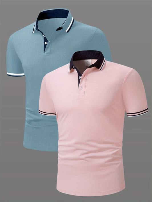 2 Men's Short-Sleeve Shirts with Contrast Collars - Lightweight Polyester, Pastel Blue & Pink, Regular Fit, Ideal for Summer or Gifting