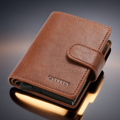 CARRKEN Men's Compact Wallet: Stylish faux leather bifold with automatic pop-up credit card holder, holds 9-10 cards, ideal gift for men.