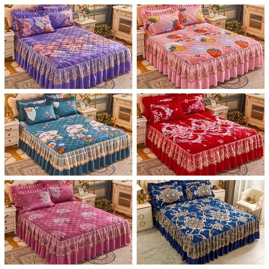 Experience a cozy sleep with our luxurious Crystal Velvet Bed Skirt Set. This 3-piece set includes pillowcases with a beautiful floral design. Machine washable for easy care, it provides a comfort fit with non-slip technology and full coverage.