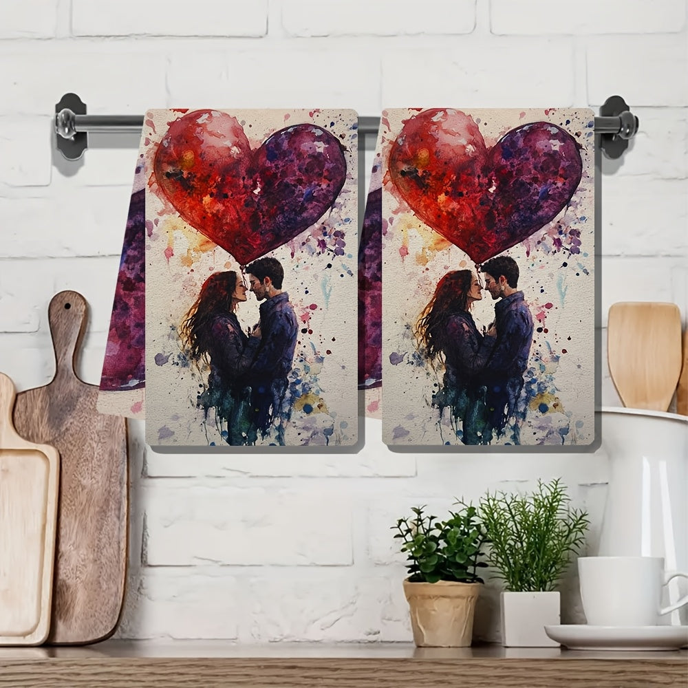 Set of 2 Romantic Heart Balloon Kitchen Towels - Made from Ultra Soft and Highly Absorbent Polyester, Machine Washable and Measures 40.64x60.96 cm - Features a Vibrant Artistic Design Perfect for Daily Use and Holiday Decoration, Dish Hand Towels