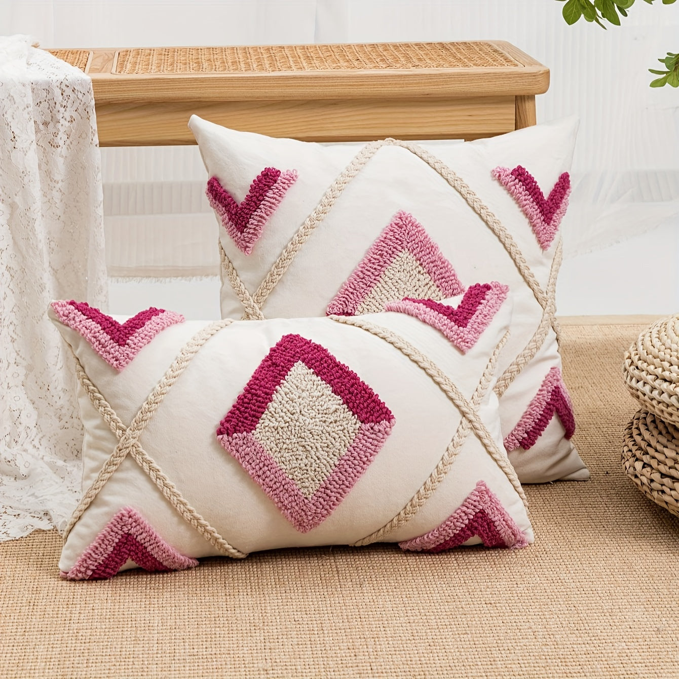 Bohemian geometric pillow cover featuring hemp rope & velvet embroidery - perfect for bedroom, living room, or sofa decor. Square design in beige with jute detailing.