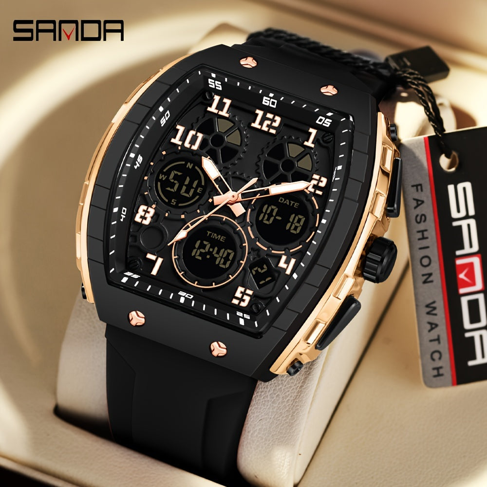 SANDA Fashionable Dial Men's Military Sports Wristwatch, equipped with a Silicone Strap, Multiple Functions, and Waterproof LED Clock.