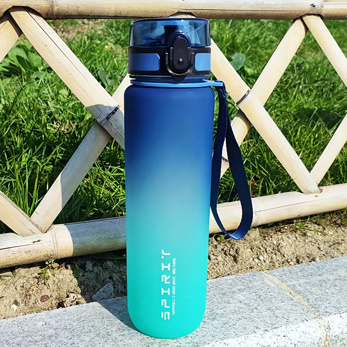 Outdoor sports water bottle with braided carrying rope and cup cover, portable, leakproof, time-volume mark, suitable for outdoor sports.