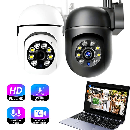 Color night vision camera with 1080p HD for indoor and outdoor use. Two-way audio security camera with pan/tilt/zoom capabilities and motion tracking, making it a smart home security solution.