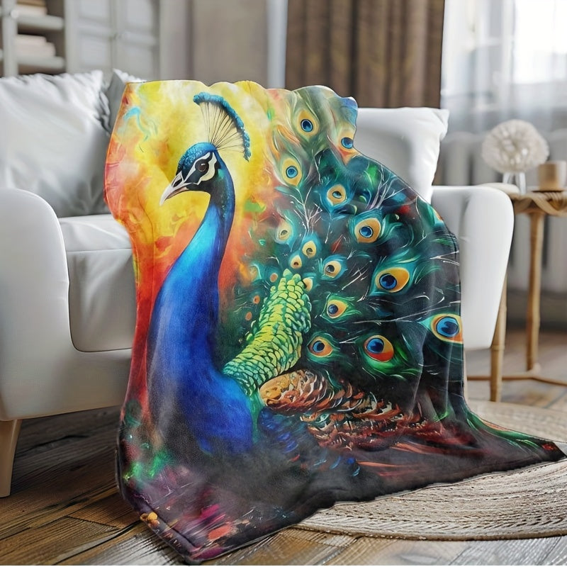 Stay cozy all year round with this versatile Peacock Print Flannel Throw Blanket. Perfect for those with allergies, this hand washable blanket features a stunning woven digital print that can be used in any season. Ideal for adding a touch of style to