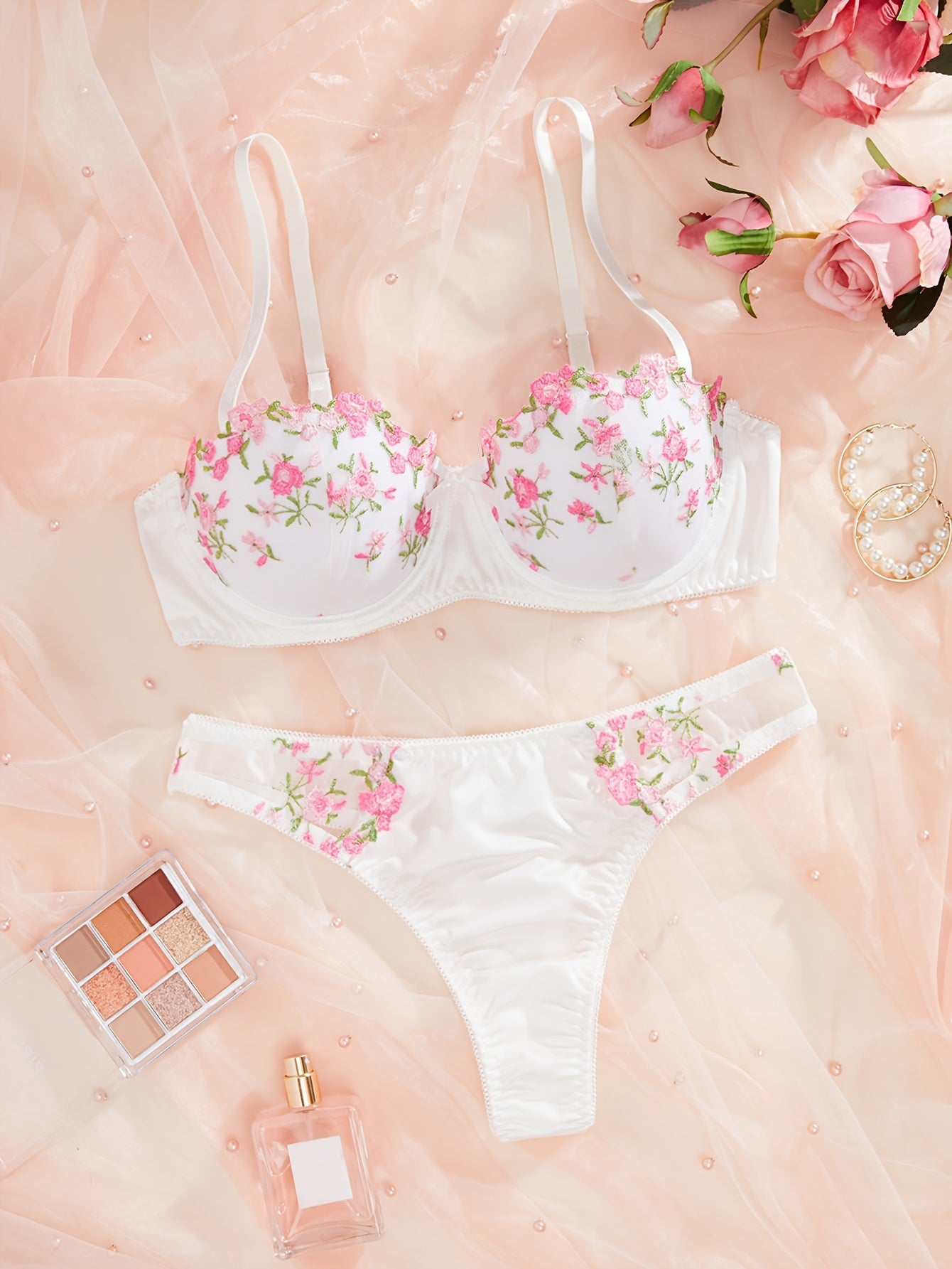 Floral Embroidered Push Up Bra and Panty Set - Women's Lingerie