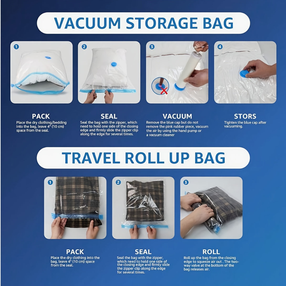 Large, medium, and small vacuum compression bags available in sizes of 3, 7, 9, and 11 pieces. Perfect for wholesale storage, seasonal clothing storage, quilt storage, and travel. A great helper for organizing your belongings with multiple size options.