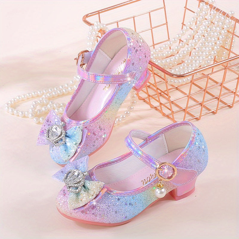 Girls' Sparkly Rainbow Princess High Heels with Pearl & Rhinestone Embellishments, Non-Slip Sole, Hook-and-loop Closure - Ideal for Performances & Parties