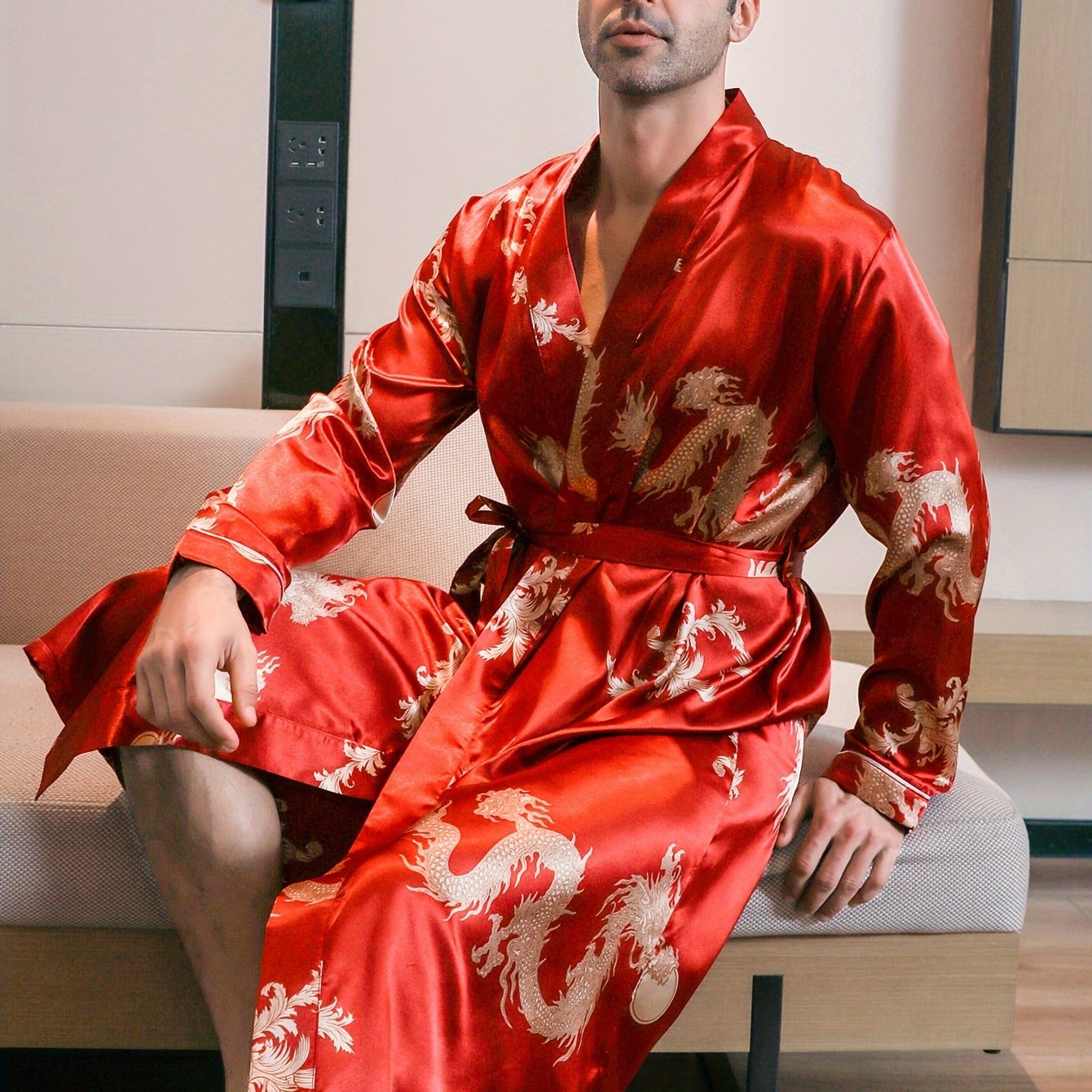 Men's long-sleeve robe with golden dragon print, ideal for loungewear or pajamas in any season.