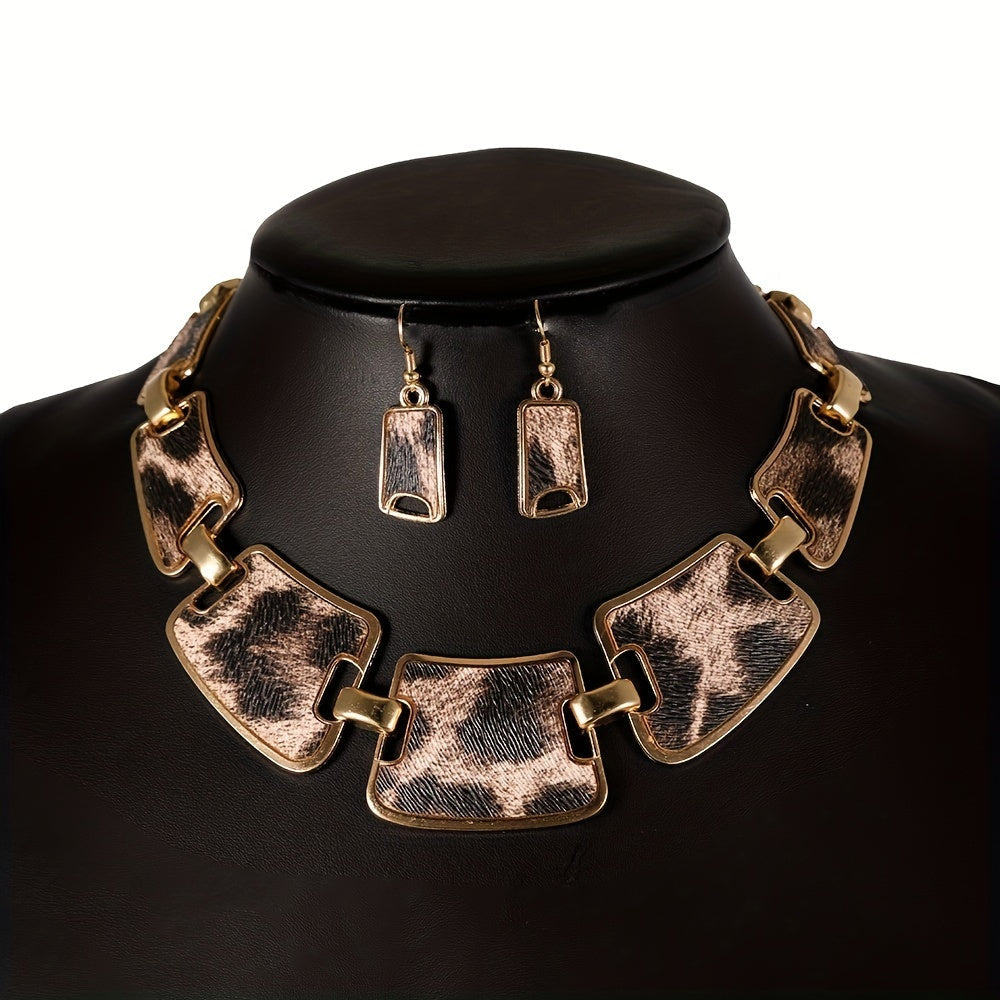 Set of 3 Leopard Print Earrings and Necklace, Fashion Jewelry in 18k Gold Plating, Perfect for Daily Outfits and Night Club Decor