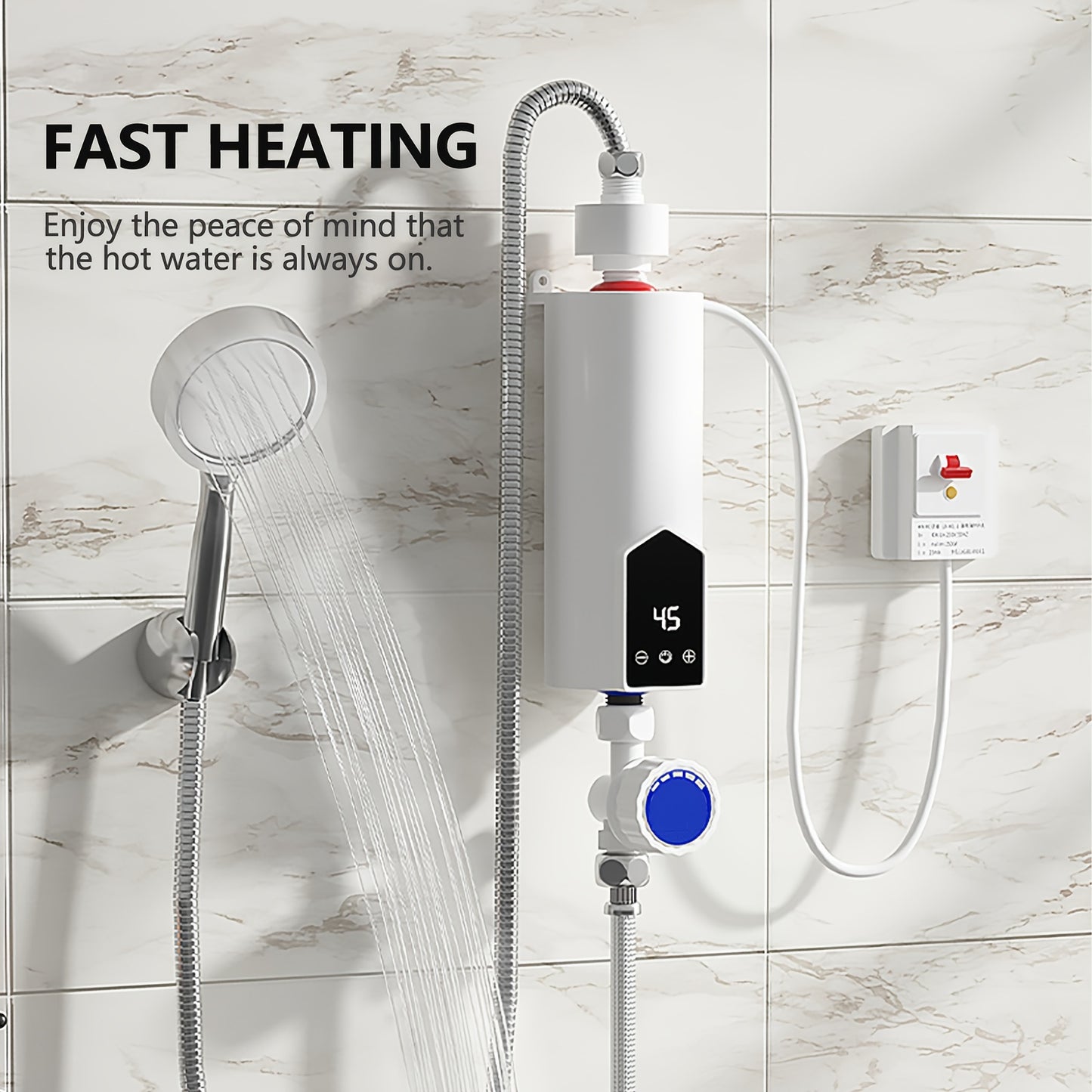 Compact 4000W electric water heater with high capacity, HD LED display, and fast heating. Features overheat protection, easy touch control, and sleek white design for kitchen or bathroom.