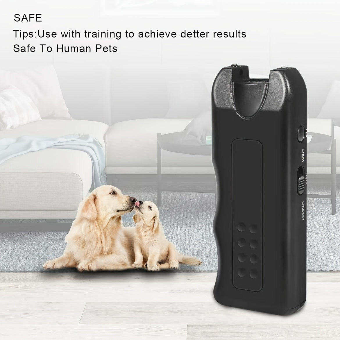 Portable, battery-powered Dog Repellent Device with LED Light using Soundwave technology for outdoor use.