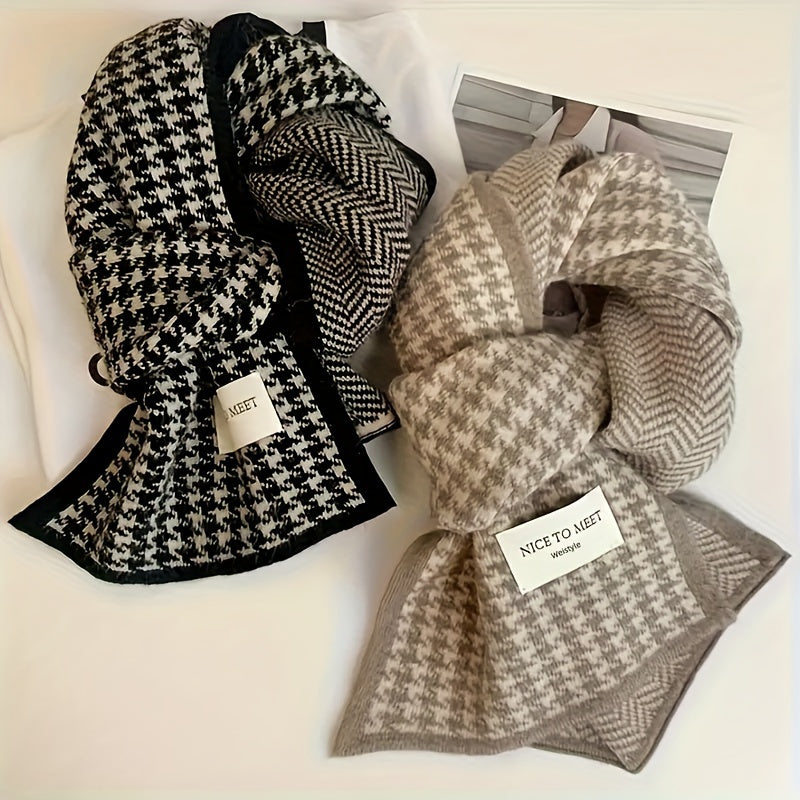 [Customer Favorite] Stylish Black and White Houndstooth Print Scarf - Trendy Thick Cozy Striped Winter Scarf in Fleece-Like Material