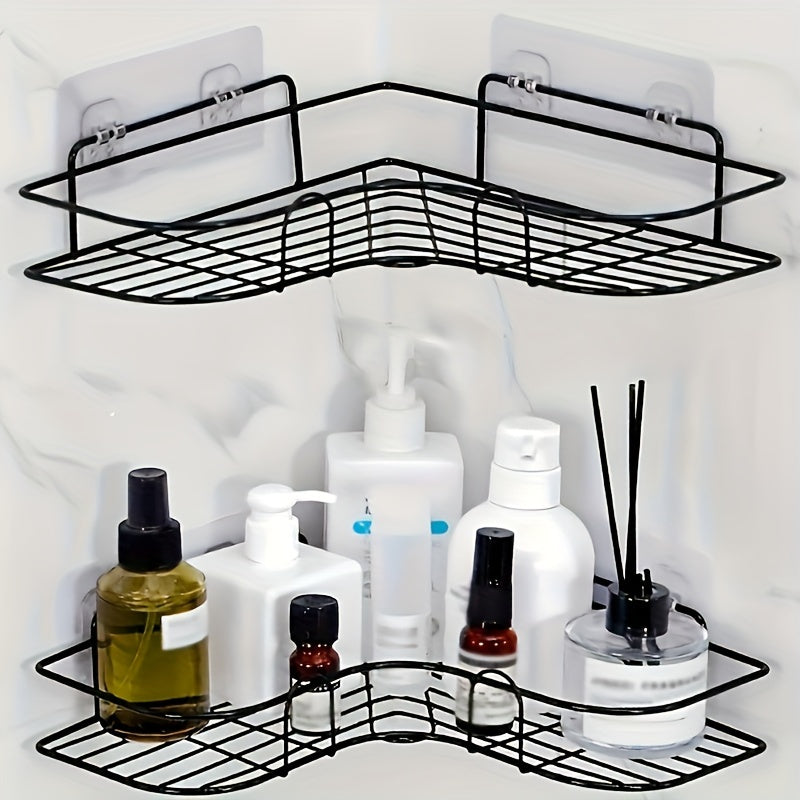 Compact corner shelf for easy installation without drilling, ideal for organizing bathroom and kitchen essentials.