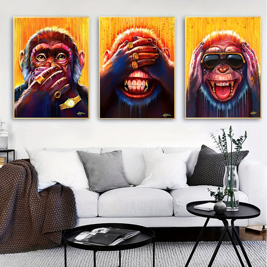 Set of 3 unframed canvas posters featuring modern art depictions of funny animal monkeys. Ideal for bedroom, living room, or corridor wall decor. Perfect winter decor and room decoration gift.