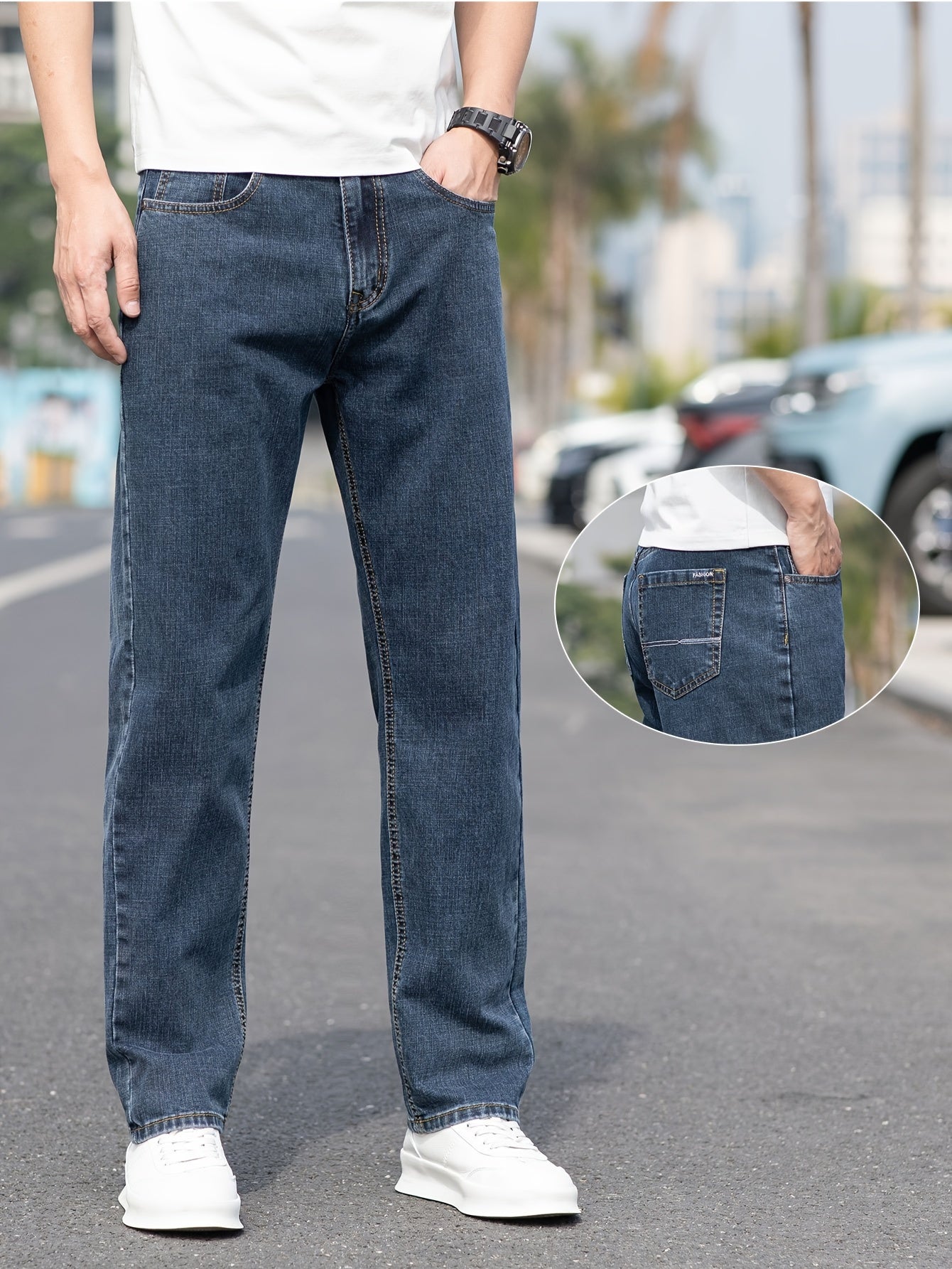 Solid loose denim trousers with pockets for men, made from breathable cotton blend. Perfect for outdoor activities.