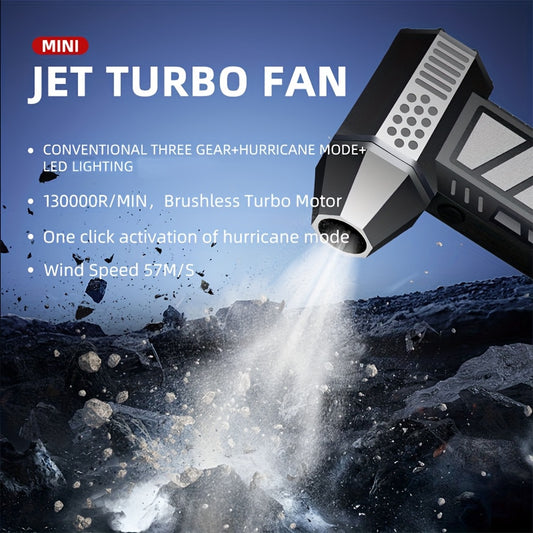 Car-mounted handheld high-speed fan with 130,000 rpm, carbon fiber alloy shell, lightweight at under 300 grams. Includes high-brightness flashlight for car maintenance and versatile uses.