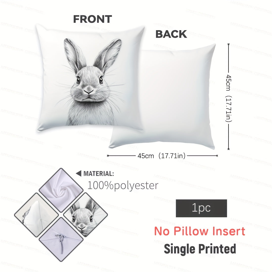 Contemporary black and white bunny sketch pillow cover made from soft peach skin velvet with zipper closure. Machine washable and suitable for various rooms including home decor, sofa, living room, and bedroom.