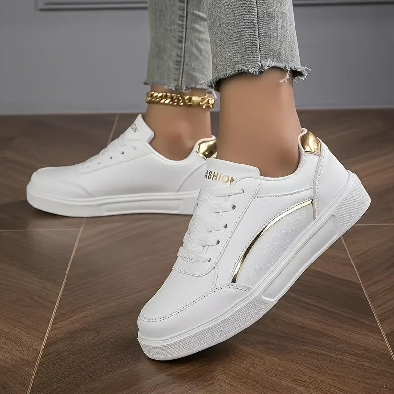 Stylish and comfortable white low top lace-up sneakers for women.