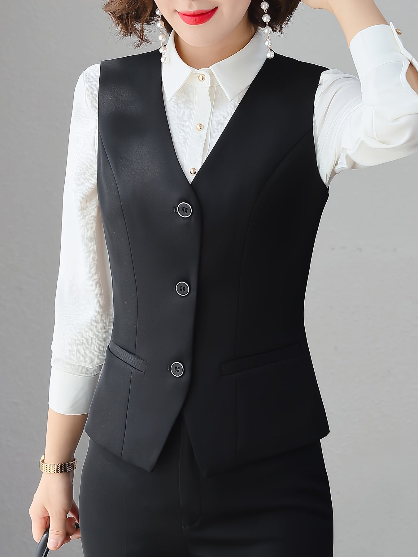 Black V-Neck Sleeveless Blazer with Tie Back, Polyester & Elastane, Ideal for Office - Dark Blue