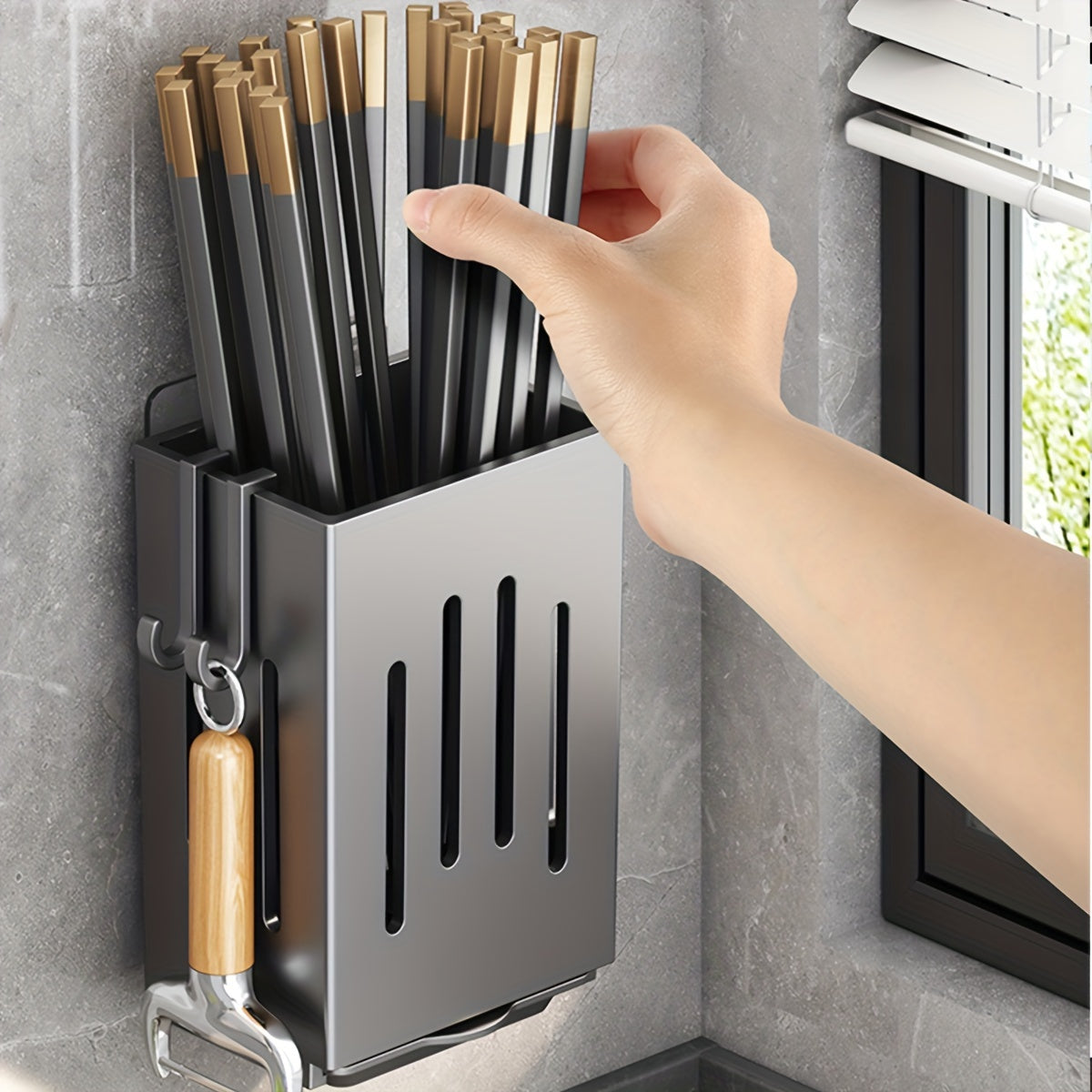 Kitchen Storage Solution: Multifunctional Utensil Holder for Draining and Organizing - Can Be Wall Mounted or Freestanding - Lightweight Plastic Cage for Cutlery and Flatware - Includes Drainage for Chopsticks - Perfect Kitchen Organizer